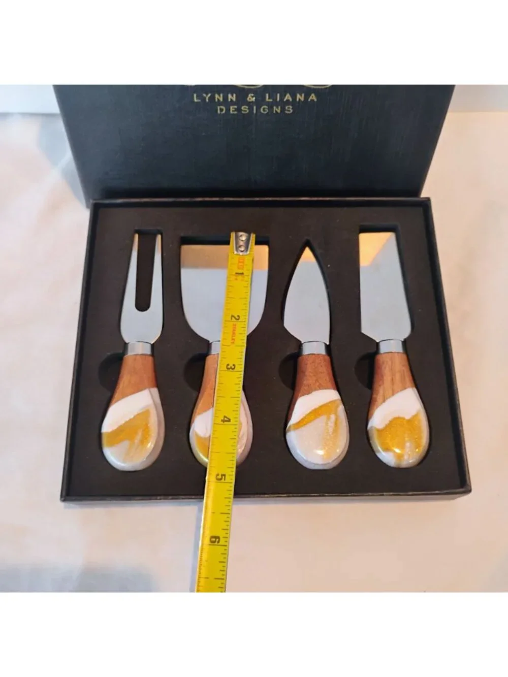Lynn & Liana Designs Cheese Knife Set Wood Resin Handle Gold Glitter- NEW in Box